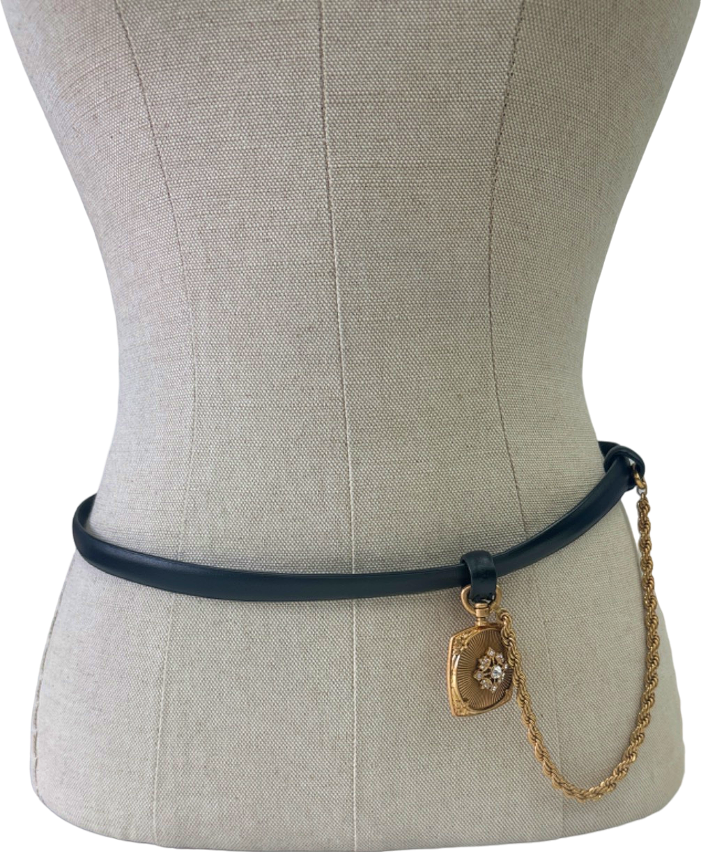 Black Belt with Gold Chain and Locket Pendant UK M