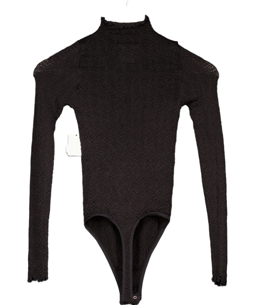 Free People Black Crinkle Long Sleeve Bodysuit UK M/L