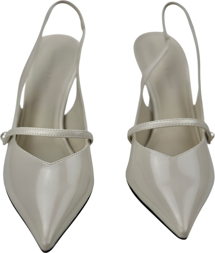 CHARLES & KEITH Cream Helena Pearl-buckle Pointed-toe Slingback Pumps UK 3 EU 36 👠