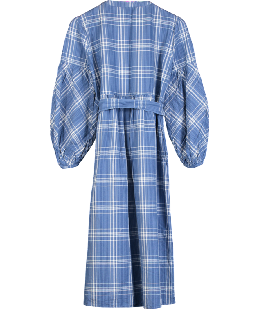 ZARA Blue Checkered Tunic Plaid Belted Midi Dress Linen Blend UK M