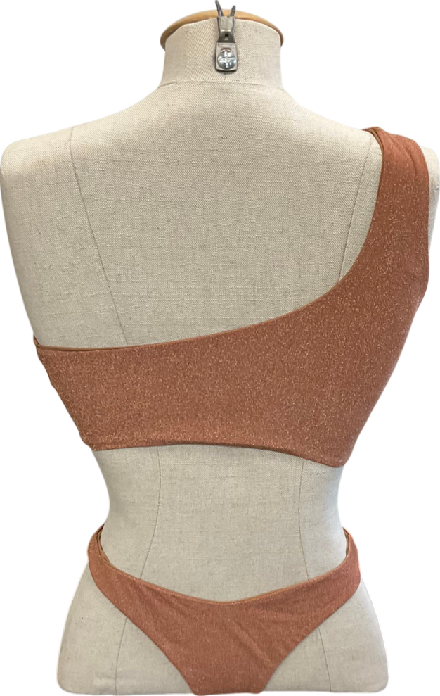 Away That Day Brown Shimmer Lurex One Shoulder Bikini UK XS