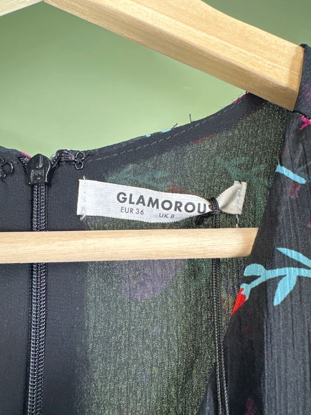 Glamorous Black Watercolour Floral Long Sleeve Wrap Midi Dress Size 8