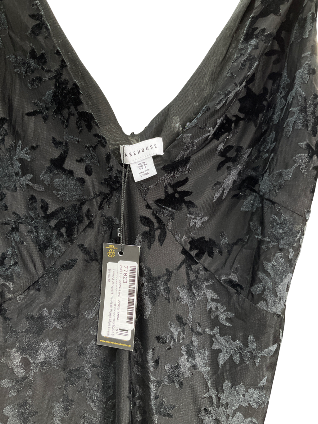 Warehouse Black Burnout Jacquard Tie Neck Plunge Maxi Dress UK 10