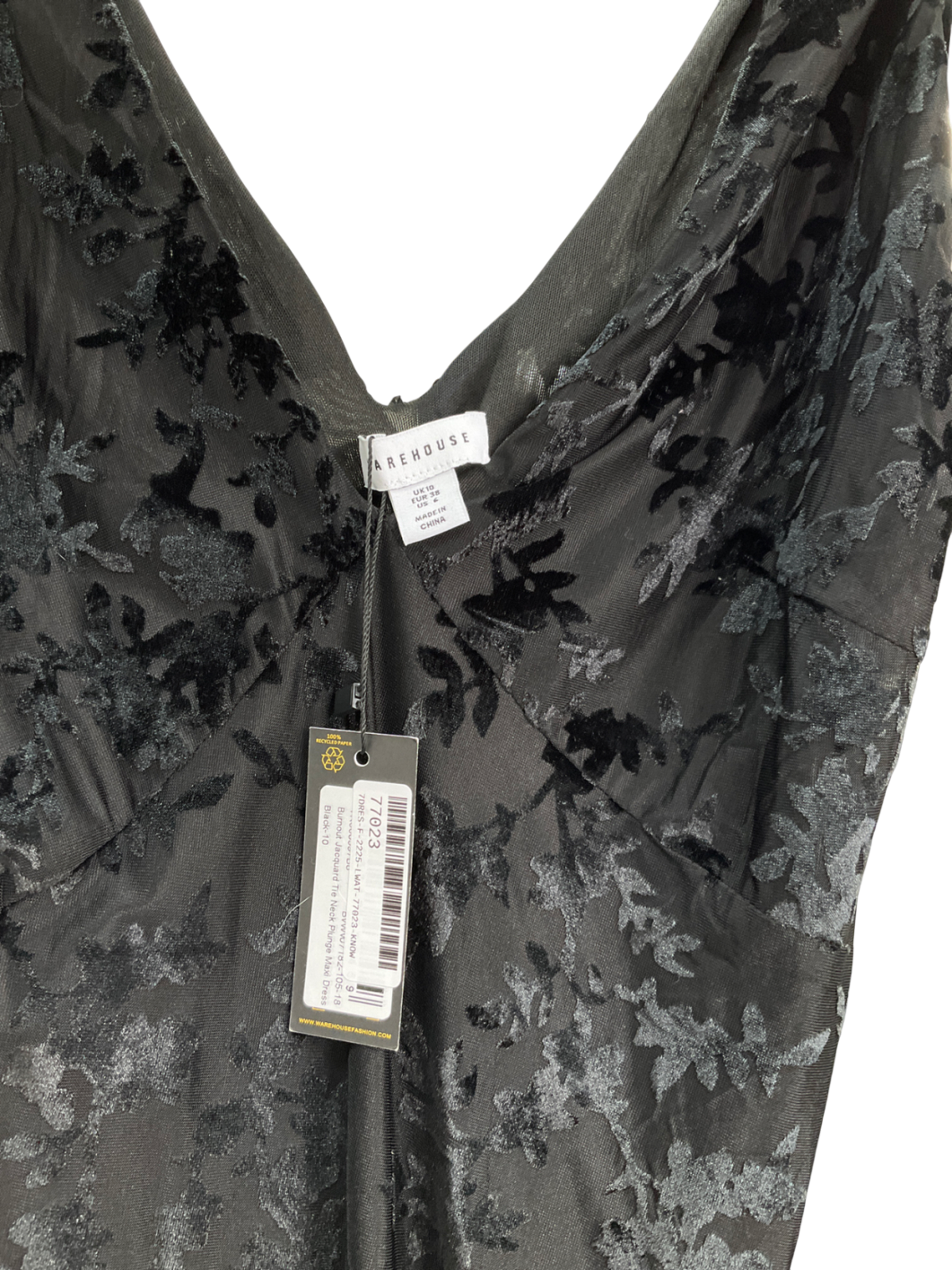 Warehouse Black Burnout Jacquard Tie Neck Plunge Maxi Dress UK 10