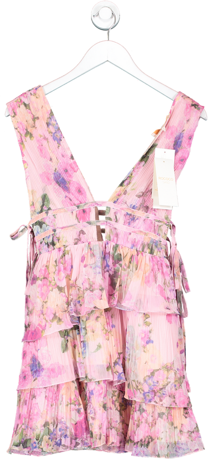 Rococo Sand Pink Floral Pattern Tiered Mini Dress UK S