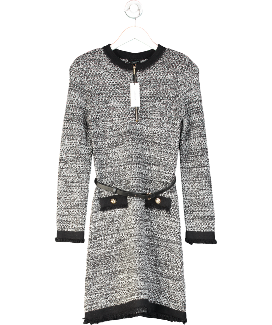 Karen Millen Black Strong Shoulder Belted Tweed Knit Mini Dress UK XS