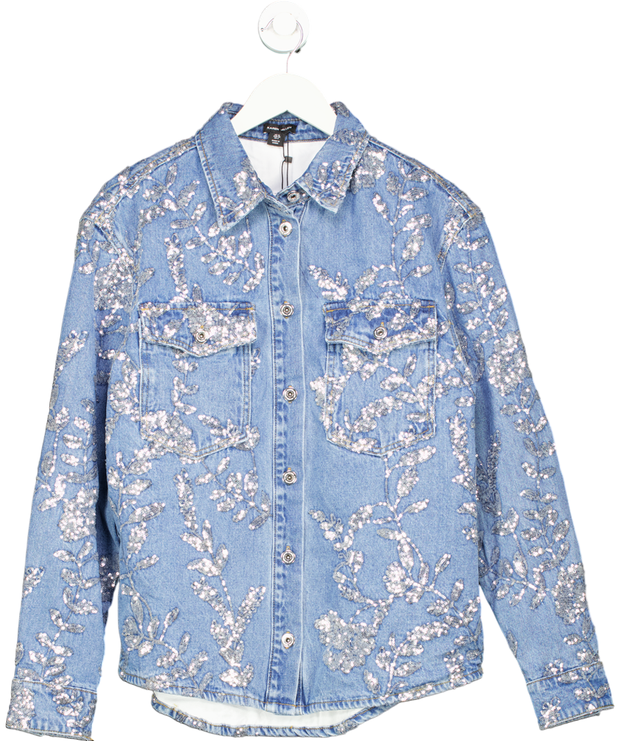 Karen Millen Blue Denim All Over Floral Sequin Jacket UK 10