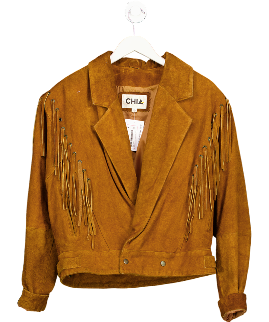 CHIA Brown Vintage Tan Suede Oversize Fringed Jacket UK M
