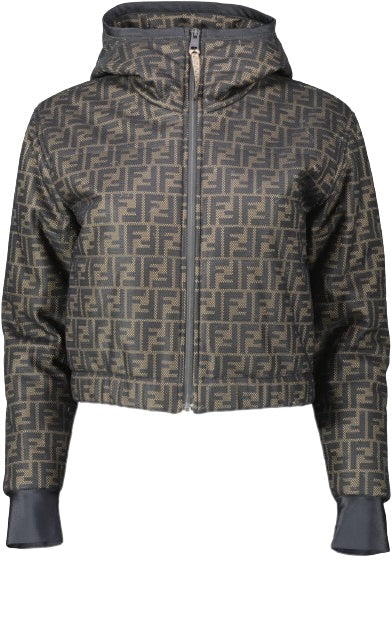 Fendi Brown Ff Logo Cropped Puffer Jacket With Hood UK 4