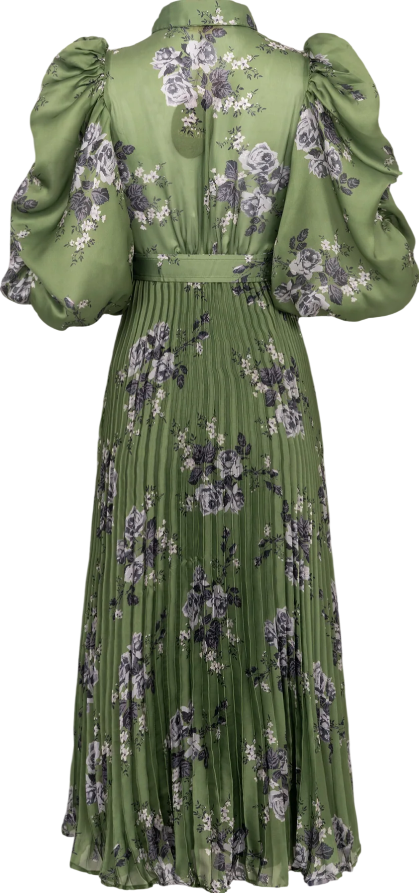 ByTIMO Green Puff Sleeve Plissé Maxi Dress In "Green Roses" UK XS
