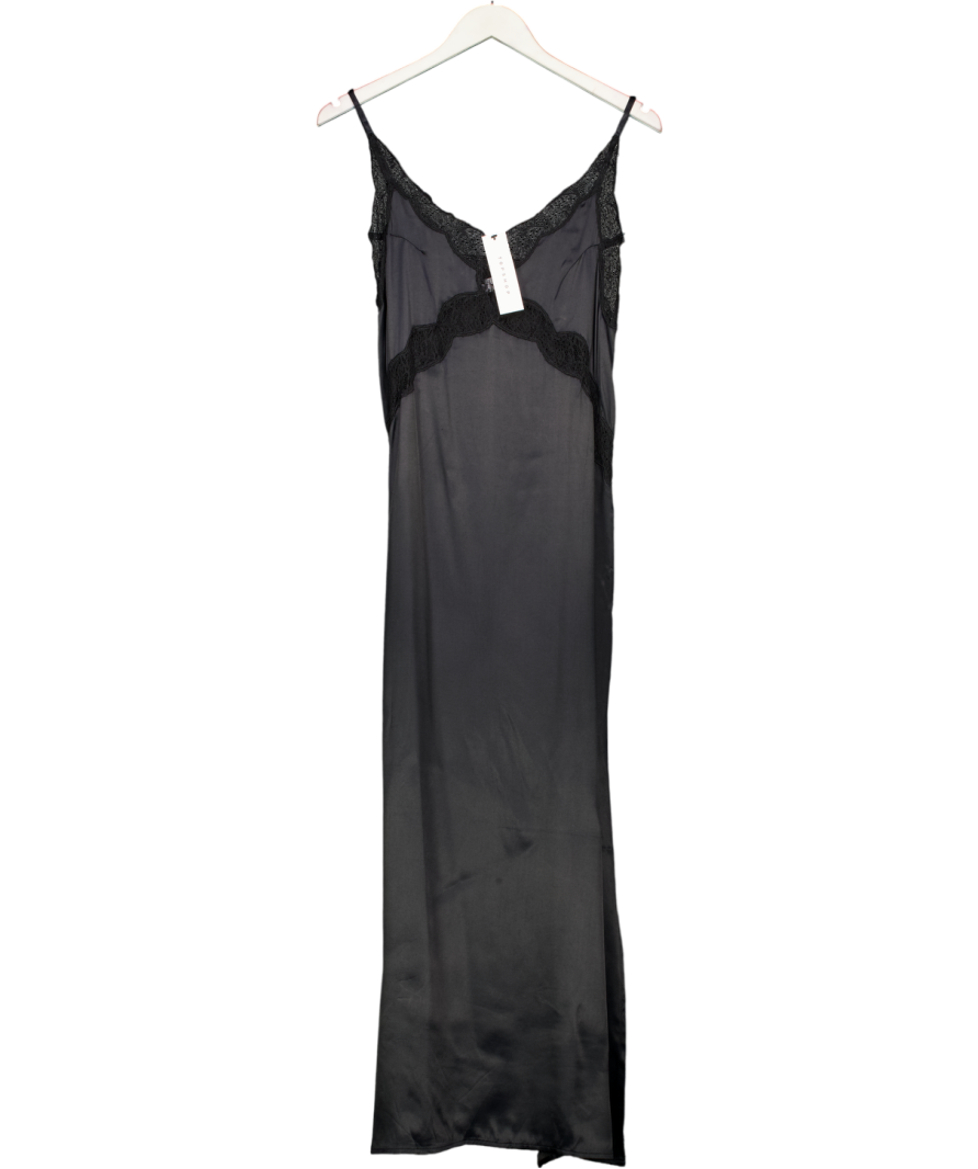 Topshop Black Satin Midi Dress With Lace Inserts UK 4