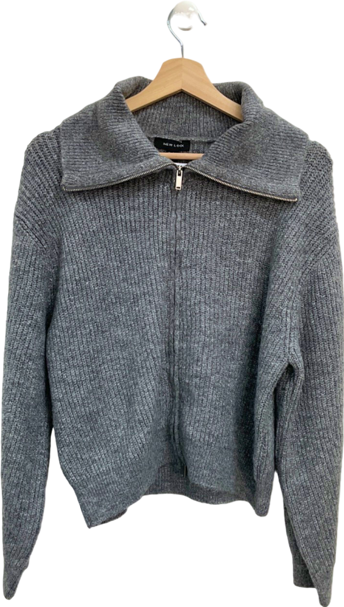 New Look Grey Zip-Up Knit Sweater UK S