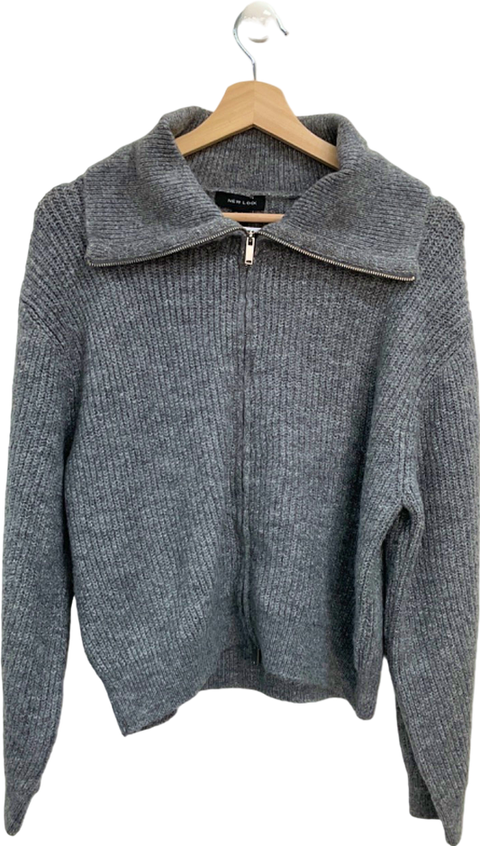 New Look Grey Zip-Up Knit Sweater UK S