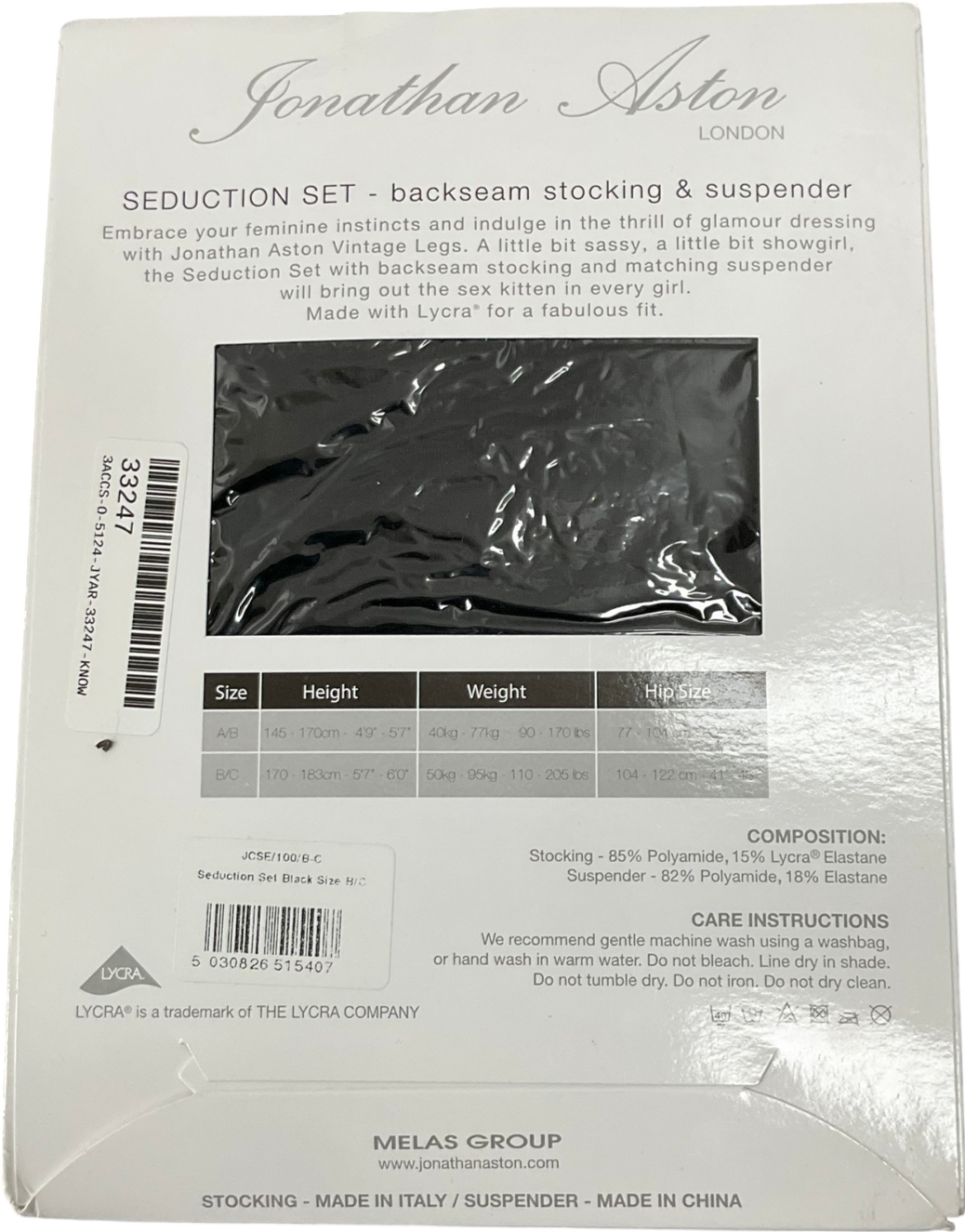 Jonathan Aston Black Vintage Legs Seduction Stocking & Suspender Set UK M