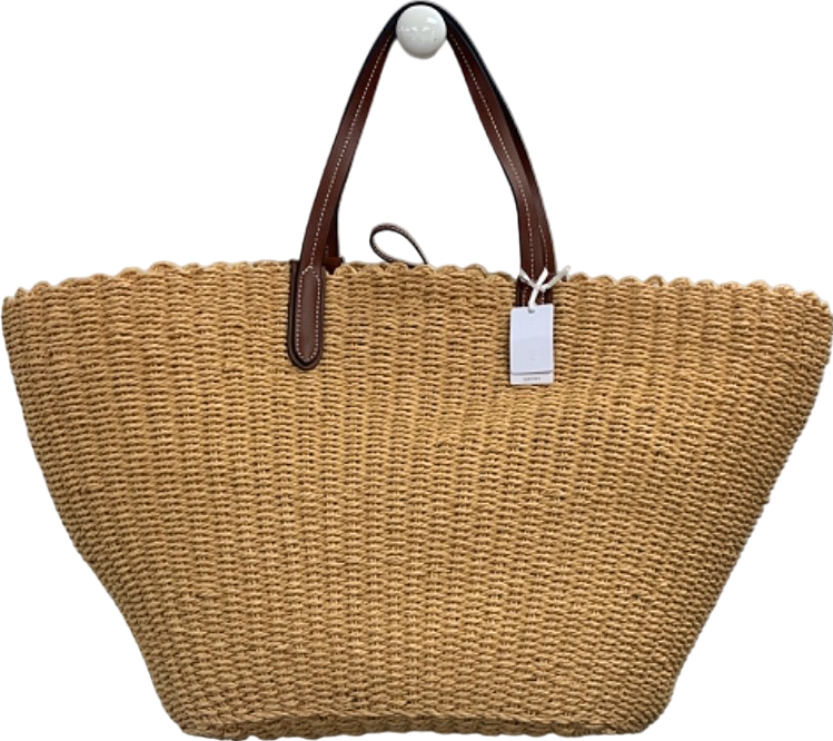 The White Company Natural Leather Trim Straw Basket Tote Bag