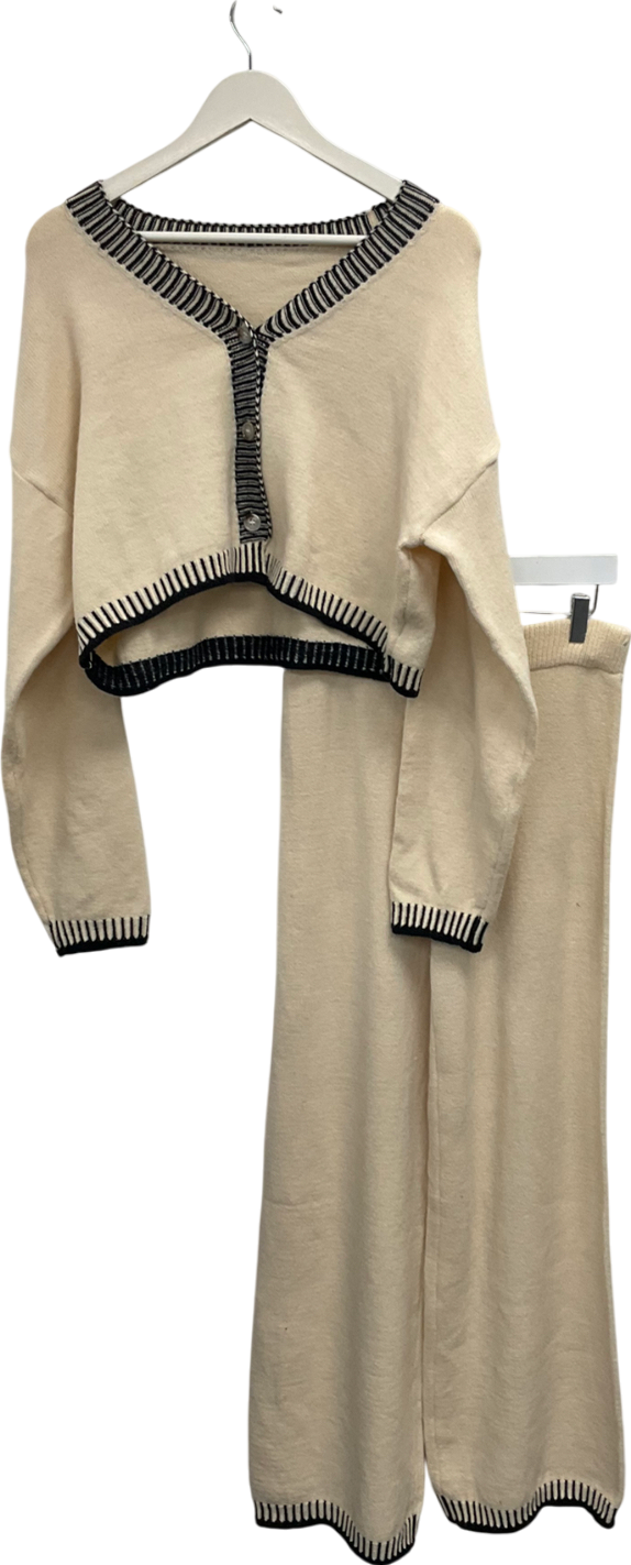 Cream Knitted Wide Leg Trouser And Cardigan Set UK L