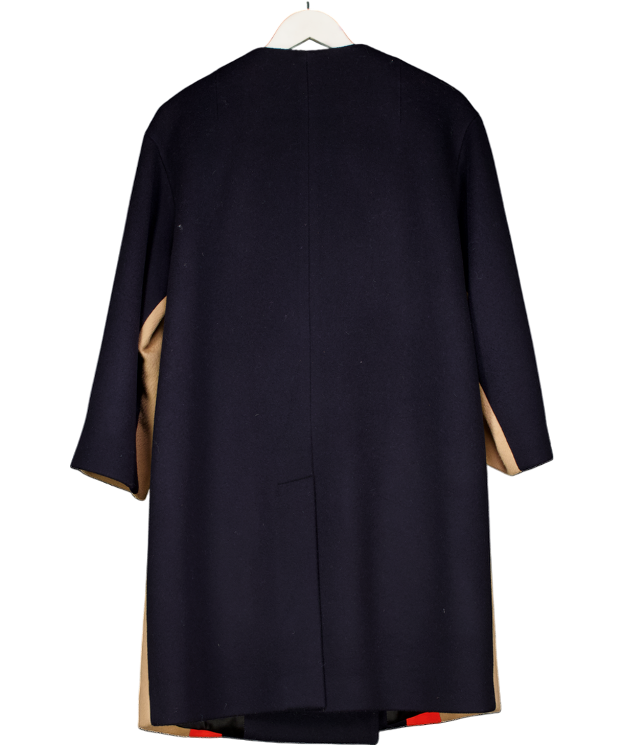 32 DICEMBRE Navy Blue Wool Blend Coat With Orange And Camel Details UK 6