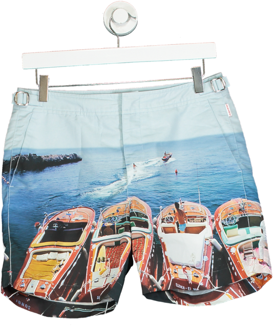 Orlebar Brown Light Blue Bulldog Swim Shorts with Boat Print W30