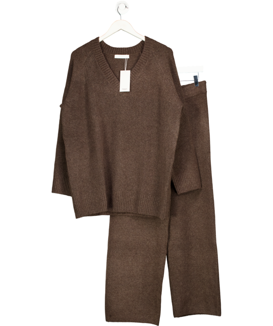 MANGO 2-piece Chocolate Brown Supersoft Wool Blend Knit V-neck Jumper And Straight Leg Trouser Co-ord Set UK M