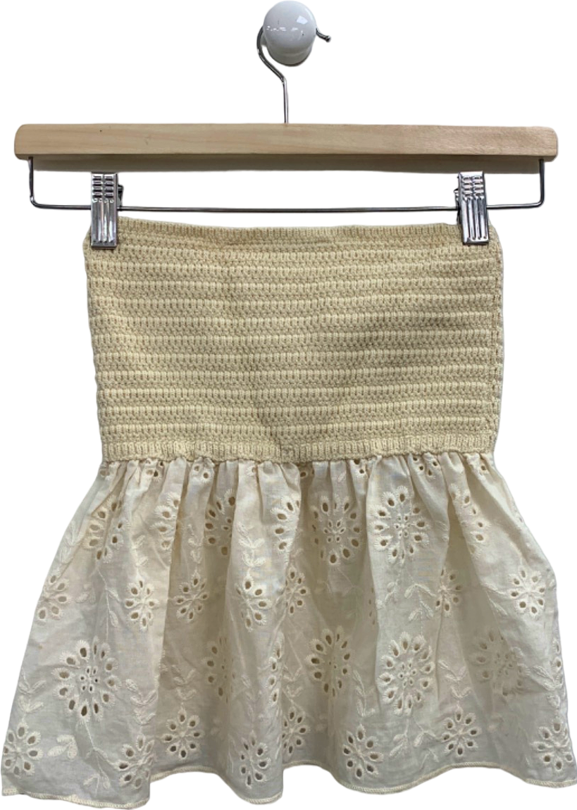 Zara Beige Crocheted Smocked Detail Top with Embroidered Hem XS