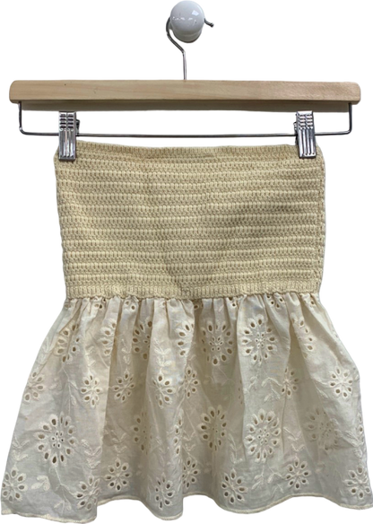 Zara Beige Crocheted Smocked Detail Top with Embroidered Hem XS