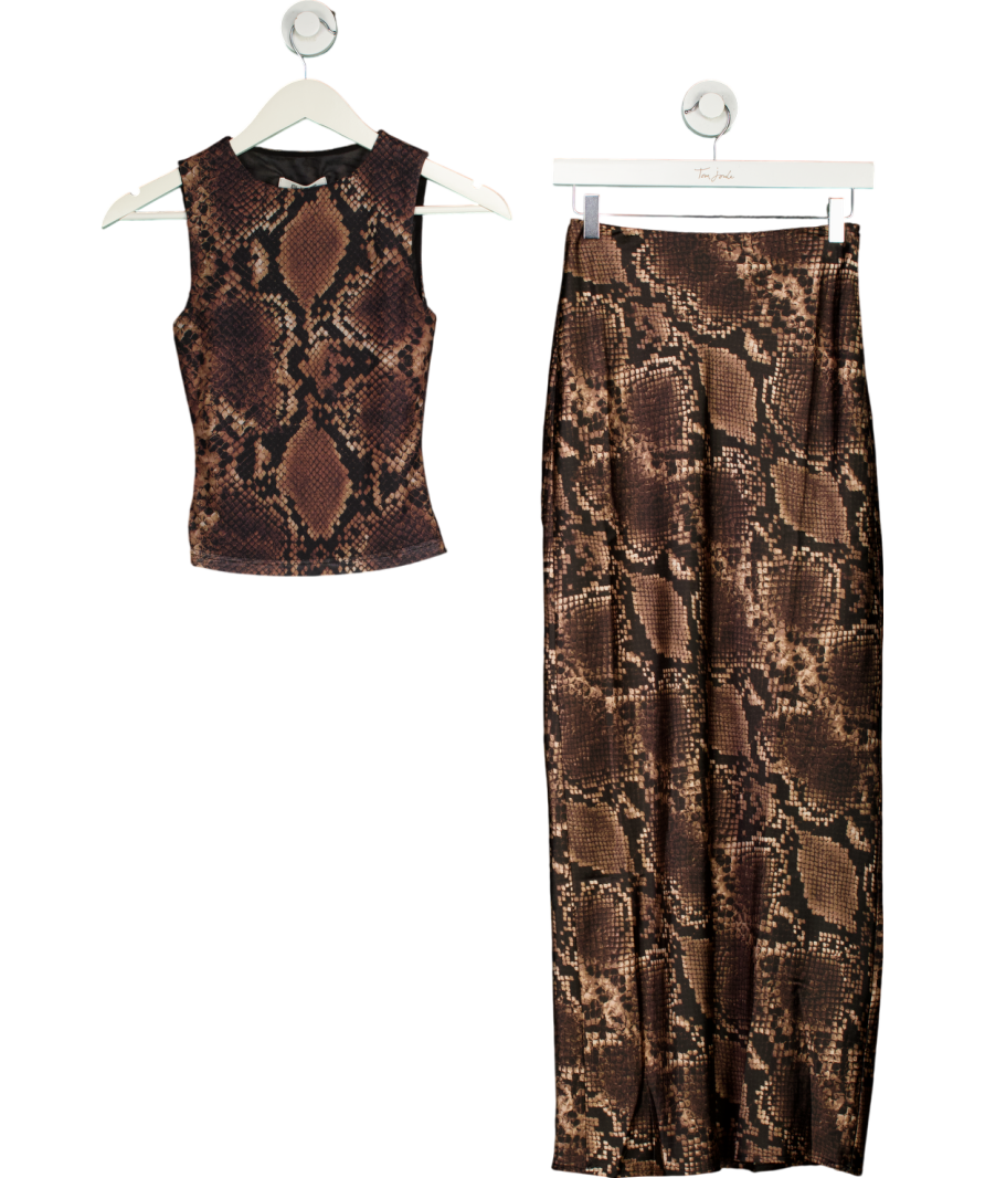 4th & Reckless 2-piece Brown Satin Maxi Skirt In Snake Print And Halter Neck Top set  UK 6