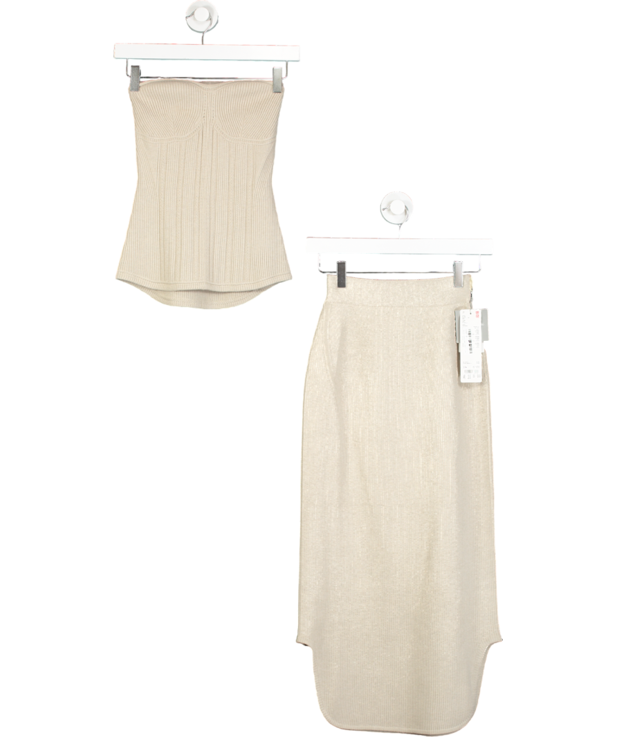 uni qlo Beige Knitted Ribbed Bandeau Top And Skirt Set UK S/M