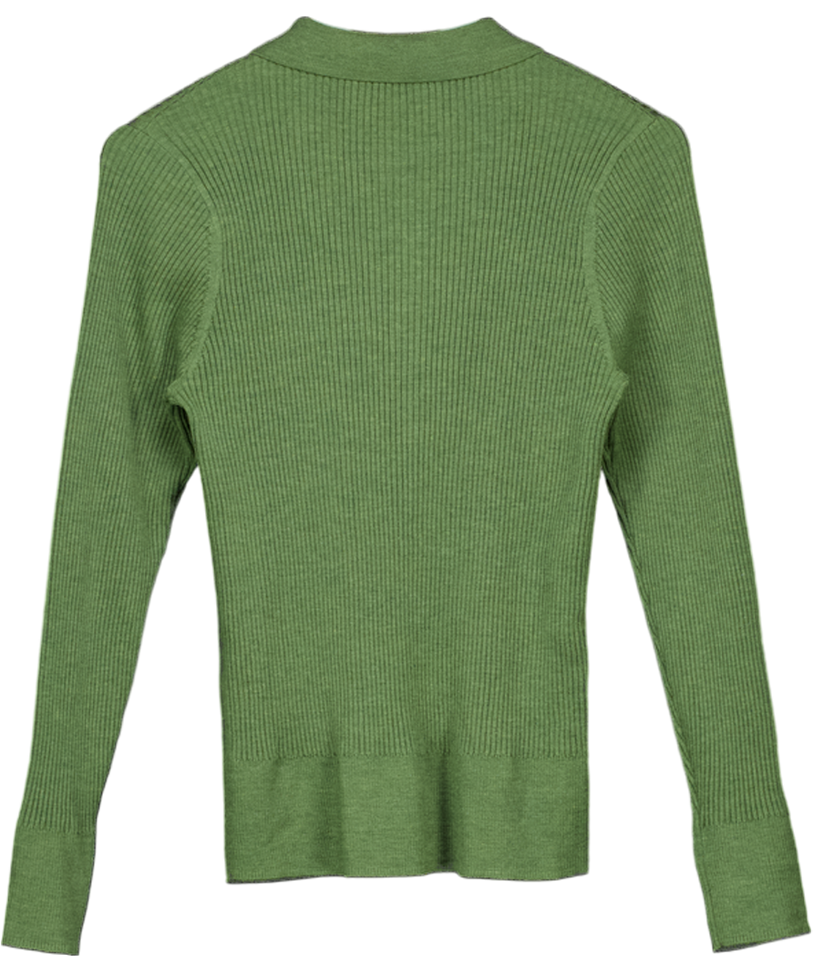 Iris & Ink Green Rib Knit Wool Blend Polo Top UK L