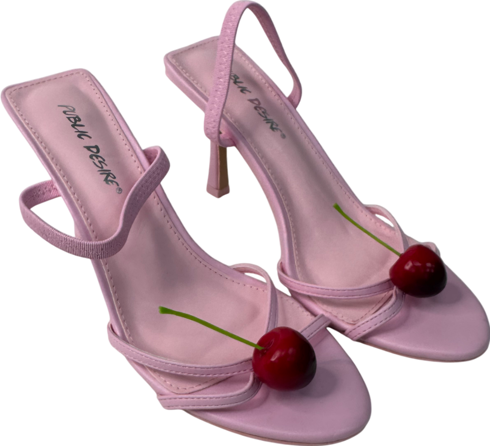 Public Desire Cherish Pink Square Toe Cherry Detail Sling Back Heels UK 5 EU 38 👠