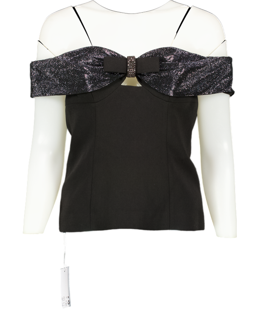 Self-Portrait Black Off-the-shoulder Bow And Crystal-embellished Crepe Top UK 6