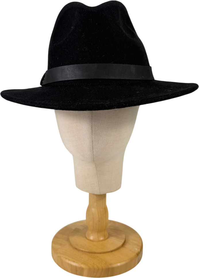 AllSaints Black Bronson Wide Brim Wool Fedora Hat UK M/L