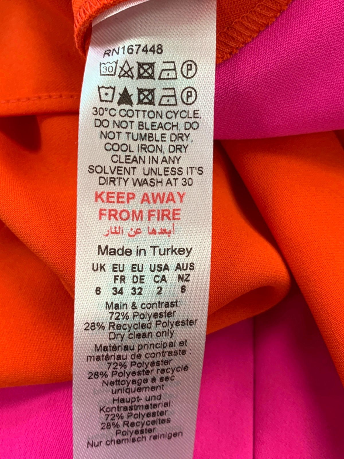 Karen Millen Pink/Orange Petite Soft Tailored Colour Block Panel High Neck Midi Dress UK 6