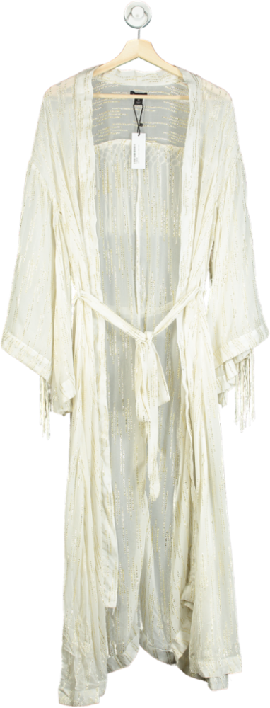 Karen Millen Ivory Fringed Viscose Metallic Thread Woven Kimono UK XS