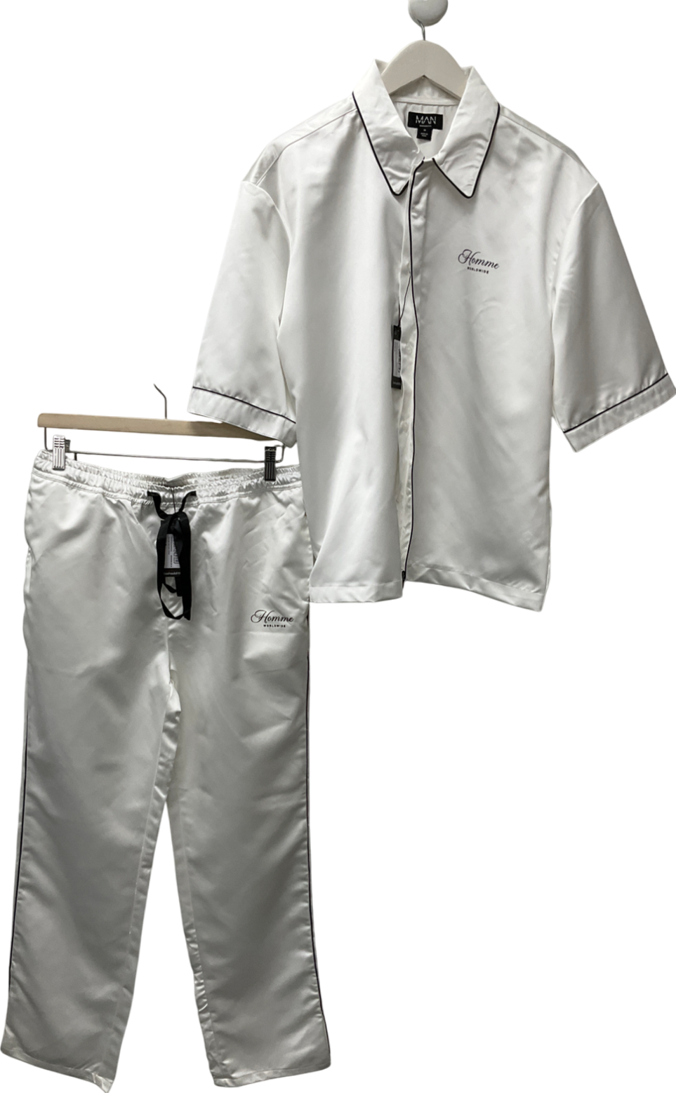 boohooMan White Oversized Lowkey Paradise Satin Shirt & Trousers Set UK M