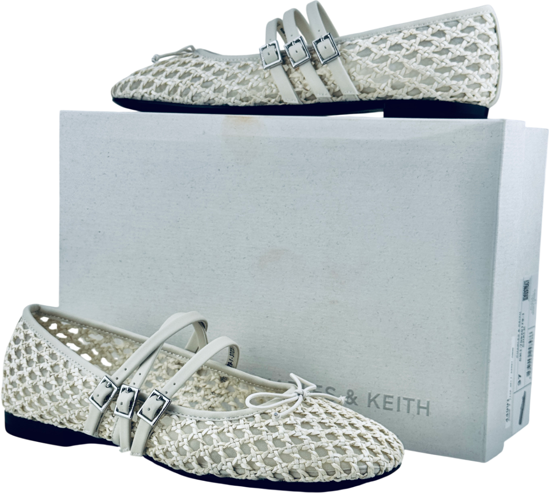 CHARLES & KEITH Woven Triple-strap Mary Janes - Chalk White UK 4 EU 37 👠