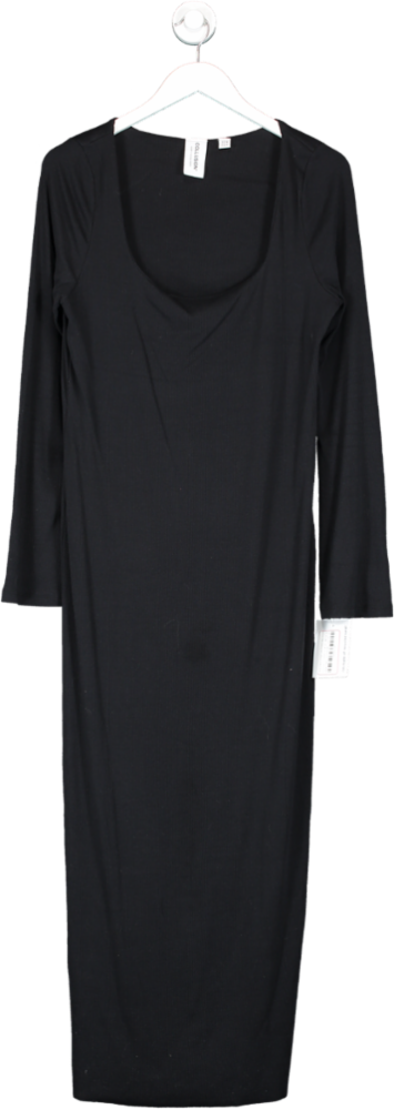 Collusion Black Square Neck Ribbed Long Sleeve Maxi Dress UK 16