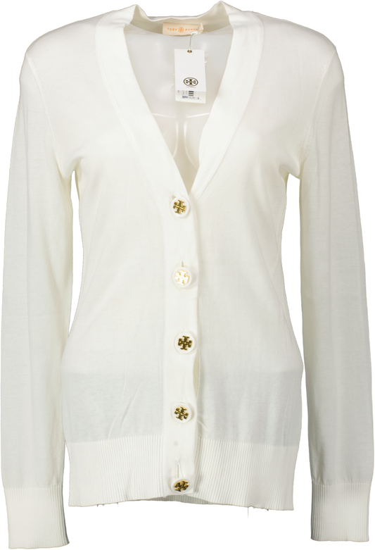 Tory Burch White Cotton Simone V-neck Cardigan With Logo Buttons UK S