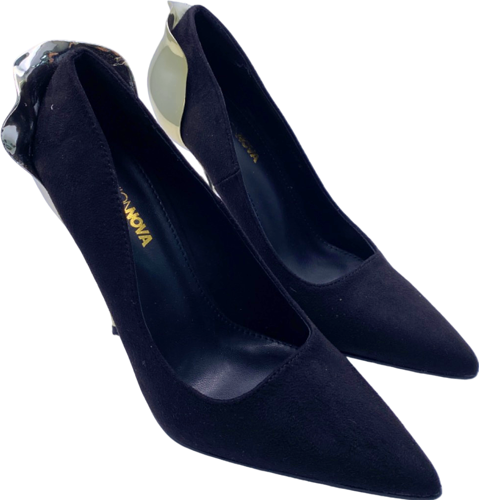 Fashion Nova Black Metallic Heel Pointed Toe Court Shoes UK 4