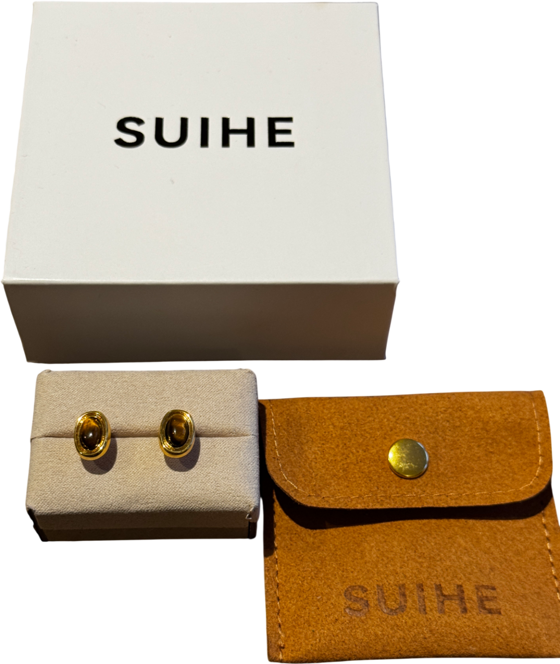 SUIHE 18k Yellow Gold Vermeil Over Sterling Silver Halo Tiger Eye Stone Stud Earrings