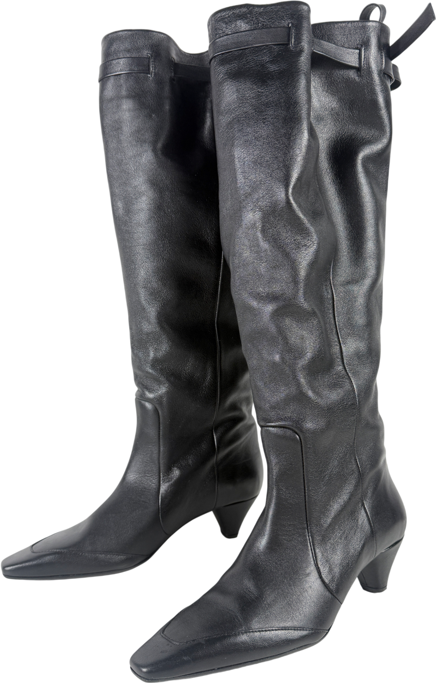 ZARA Black Soft Leather Slouch Tie Back Boots UK 7 EU 40 👠