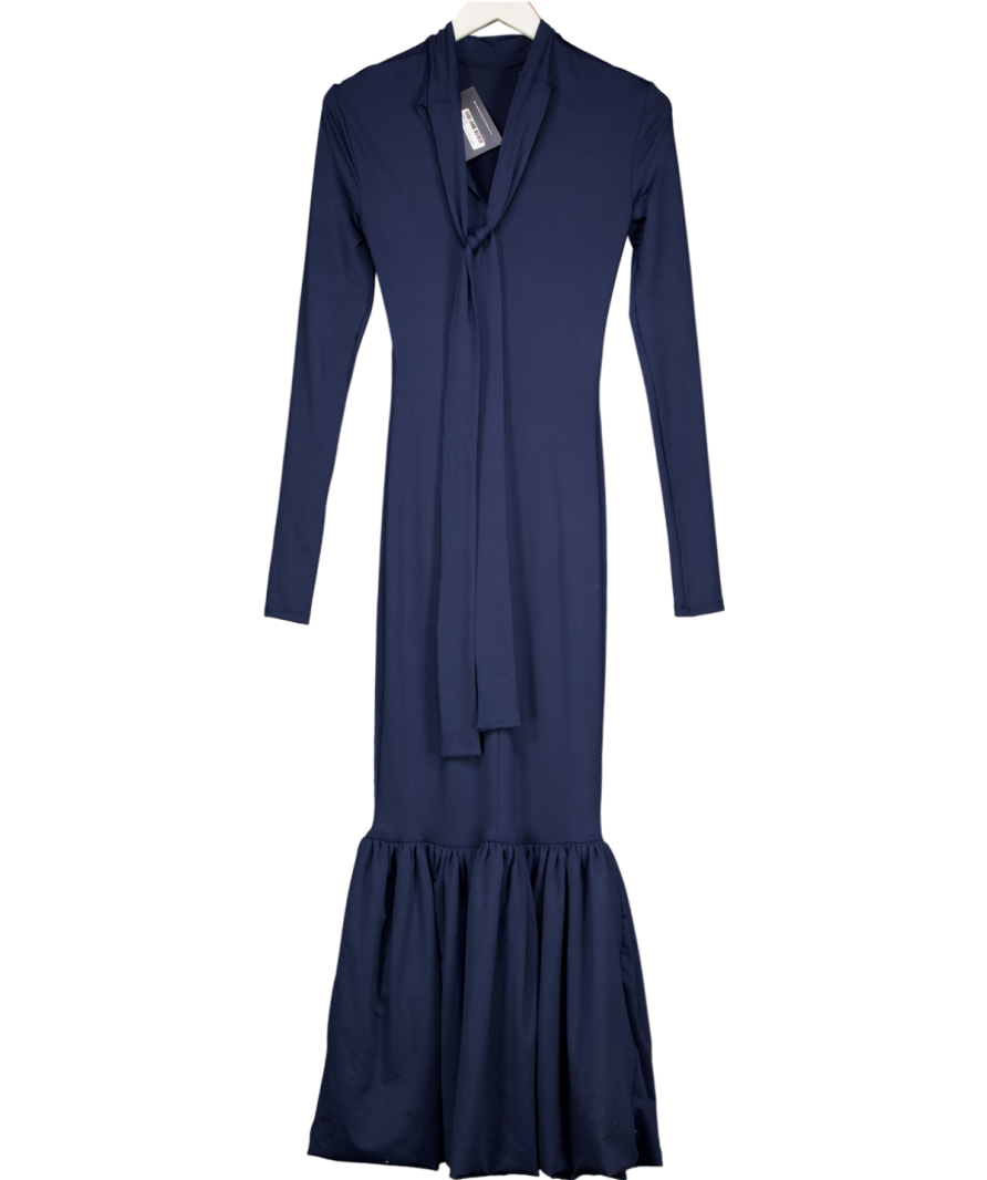 ASOS Power Shoulder Maxi Dress With Bow Back And Peplum Hem In Navy Blue UK XS