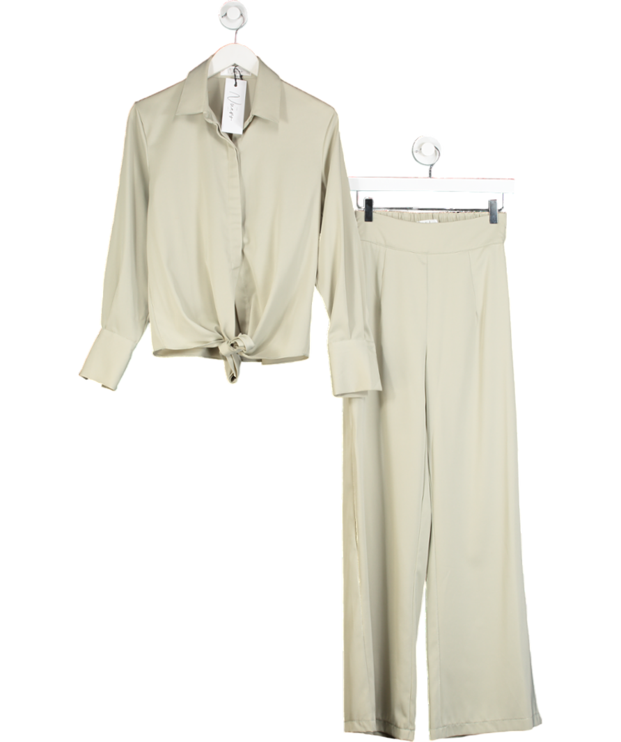 Nuevo Edit Green Satin Wide Leg Trousers And Tie Front Shirt UK S