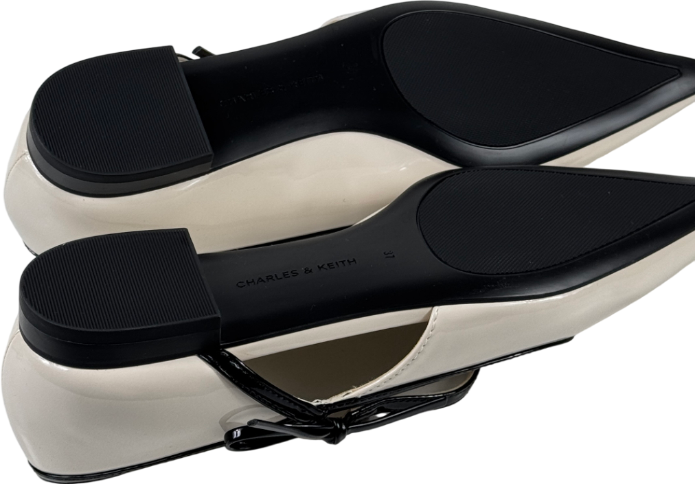 CHARLES & KEITH Patent Contrast-trim Pointed-toe Bow-strap Flats - Chalk White UK 4 EU 37 👠