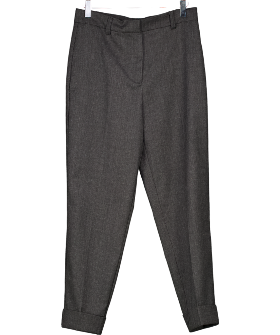 SOLOTRE Grey Wool Blend Tapered Trousers With Turn-ups UK S