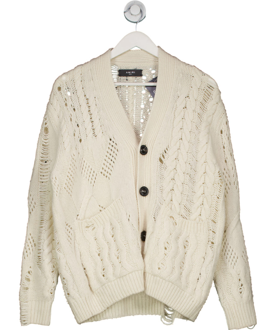Amiri Cream Cashmere Blend Cable Knit Cardigan UK S