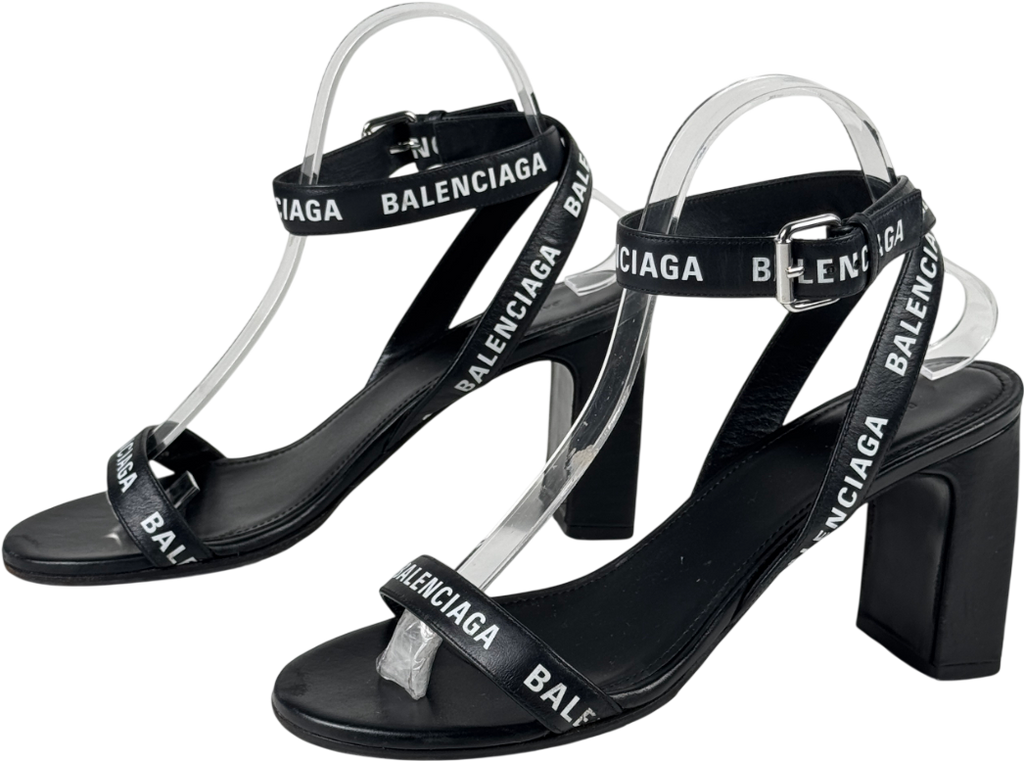 BALENCIAGA Black Logo-print Leather Heeled Sandals UK 5 EU 38 👠
