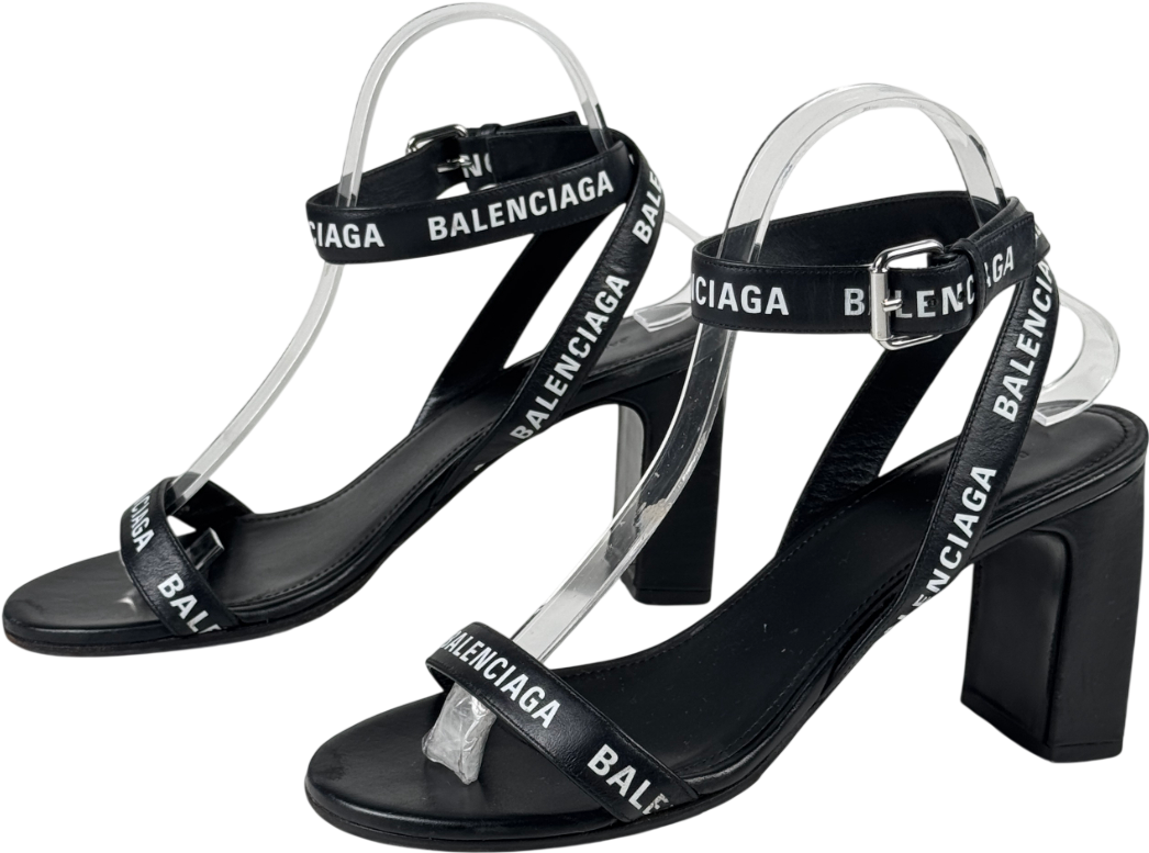 BALENCIAGA Black Logo-print Leather Heeled Sandals UK 5 EU 38 👠