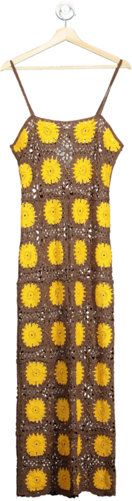 NA-KD Brown/Yellow Crochet Knitted Thin Strap Maxi Dress UK S/M