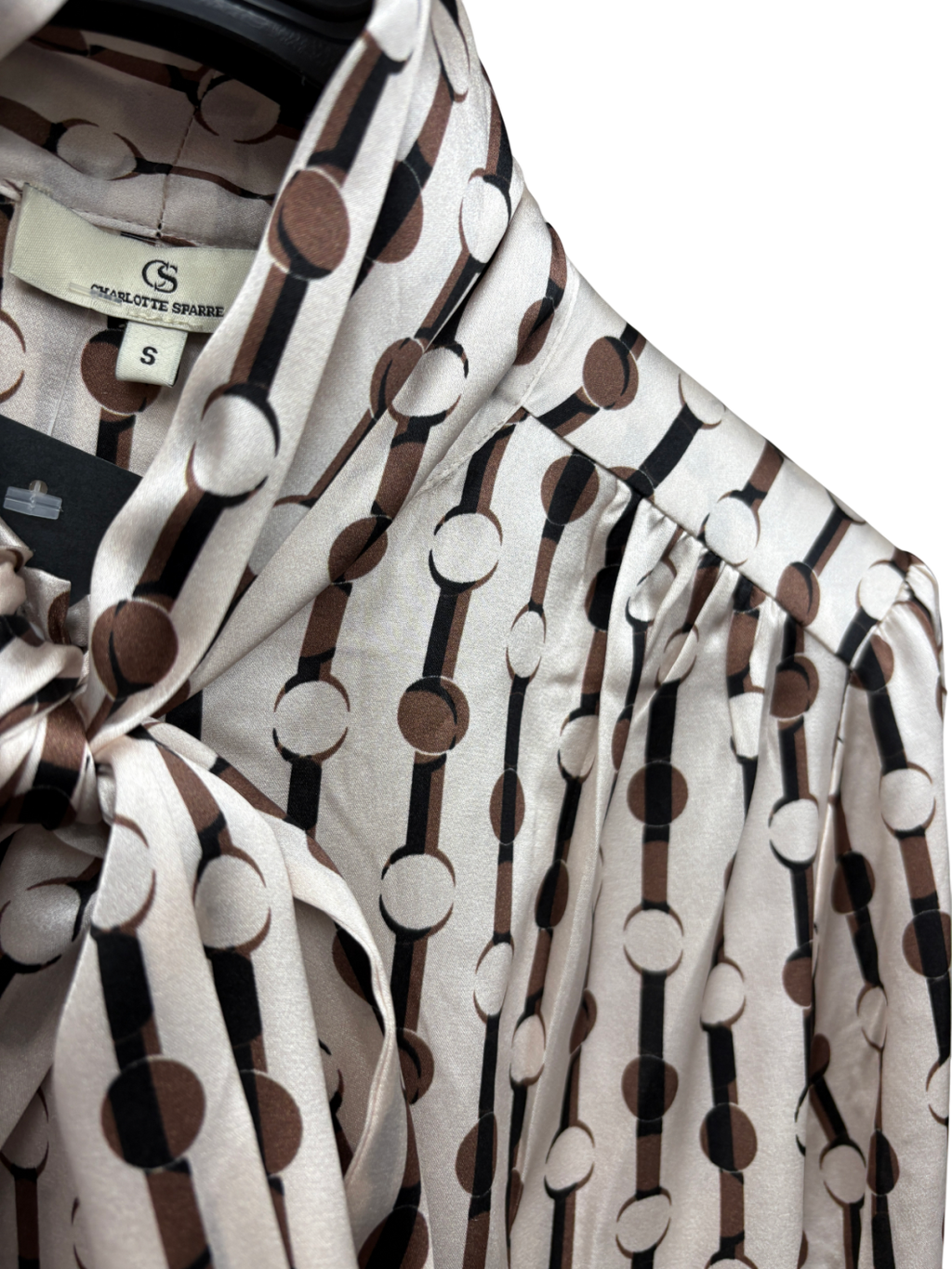 Charlotte Sparre Beige Dot Stripe Stretch Silk Bow Neck Blouse UK S