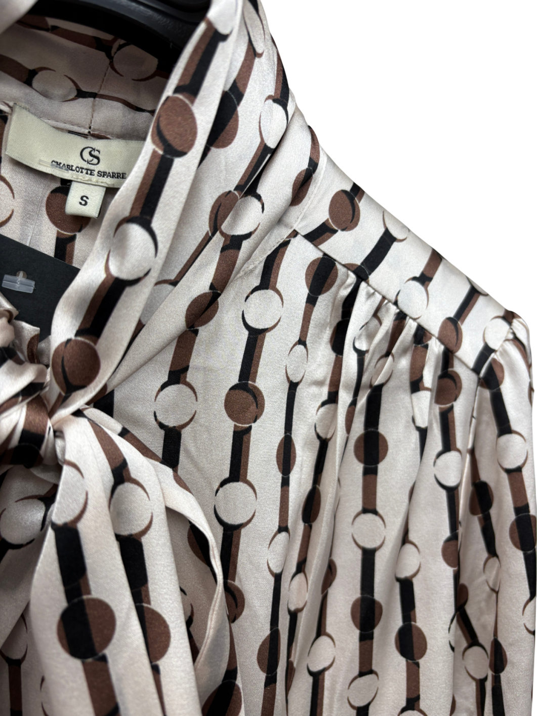 Charlotte Sparre Beige Dot Stripe Stretch Silk Bow Neck Blouse UK S